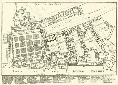Copia reducida del Plano del Palacio Real de Whitehall de Fisher, tomado en el reinado de Carlos II, 1680 de English School